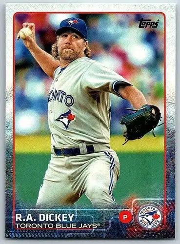 2015 Topps R.A. Dickey baseball card with original gloss, NM-MT condition, Blue Jays