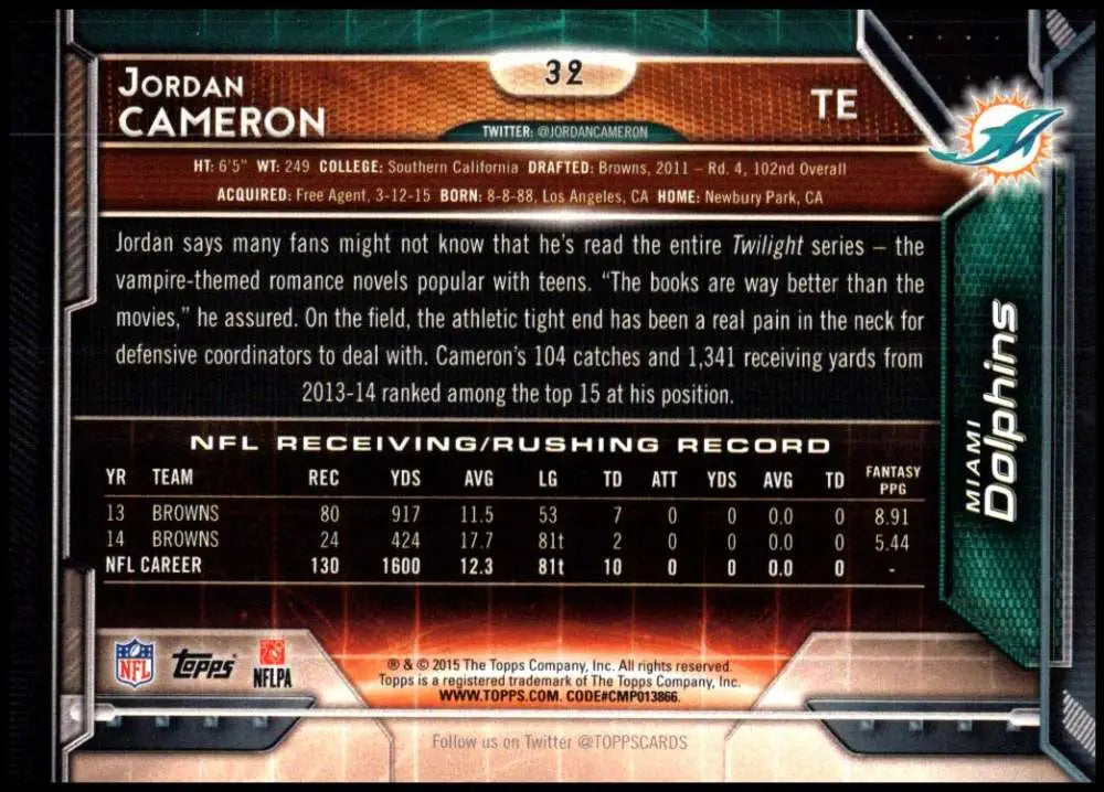 2015 Topps #32 Jordan Cameron NM-MT Miami Dolphins Football Card - Football Card Single