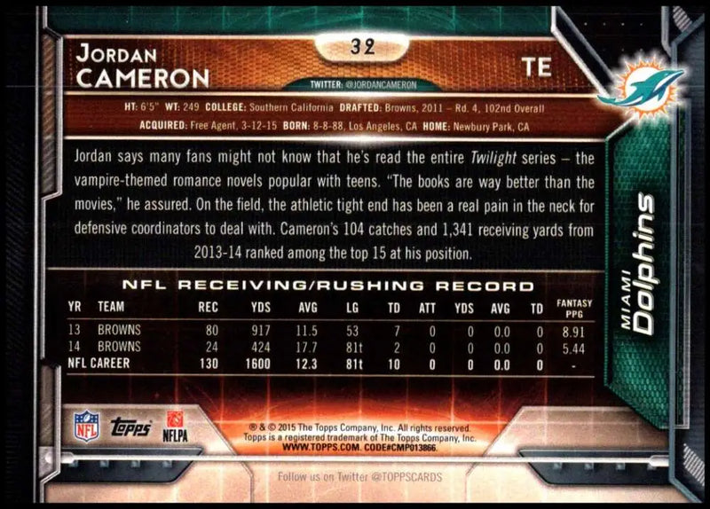 2015 Topps #32 Jordan Cameron NM-MT Miami Dolphins Football Card - Football Card Single