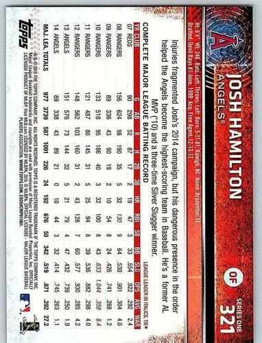 Original gloss Josh Hamilton baseball card 2015 Topps #321 NM-MT Angels ID 4119