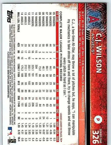 Original gloss C J Wilson baseball card featuring Wilson NM-MT Angels product