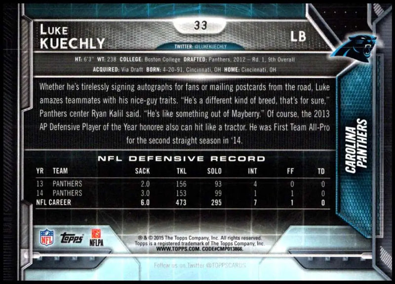 2015 Topps #33 Luke Kuechly NM-MT Carolina Panthers Football Card - Football Card Single