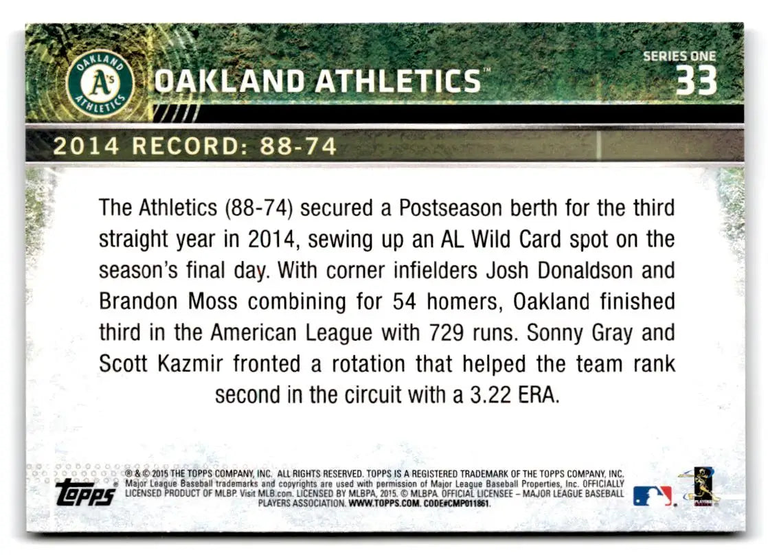 2015 Topps #33 Oakland Athletics - Baseball Card Single