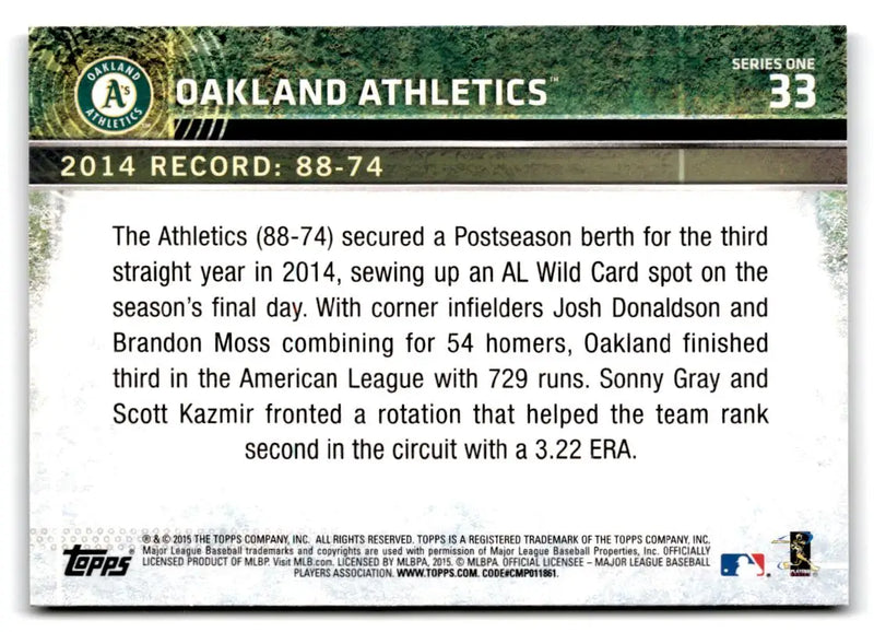 2015 Topps #33 Oakland Athletics - Baseball Card Single