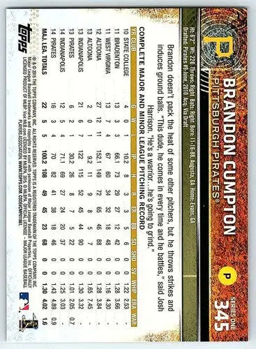 Original gloss baseball card back of Brandon Cumpton NM-MT from 2015 Topps Pirates