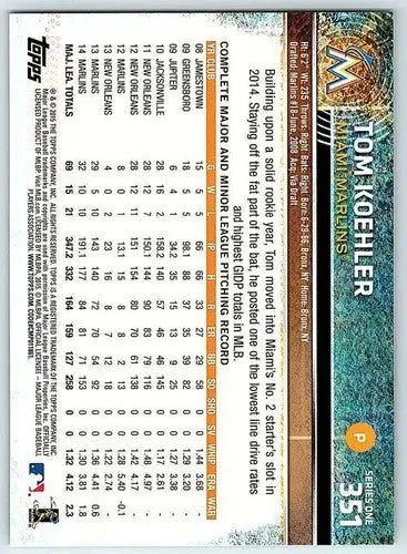 Original gloss Tom Koehler baseball card from 2015 Topps #351 featuring Marlins player