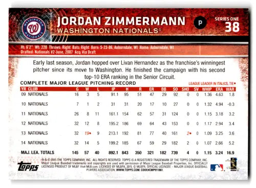 Jordan Zimmermann baseball card with original gloss, NM-MT condition from 2015 Topps