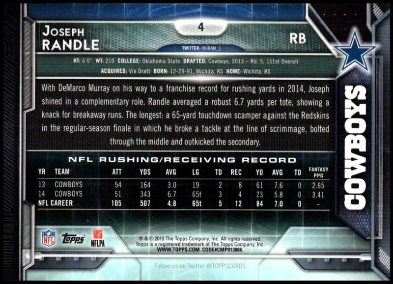 2015 Topps #4 Joseph Randle NM-MT Dallas Cowboys Football Card - Football Card Single