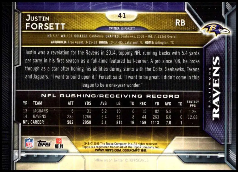 2015 Topps #41 Justin Forsett NM-MT Baltimore Ravens Football Card - Football Card Single
