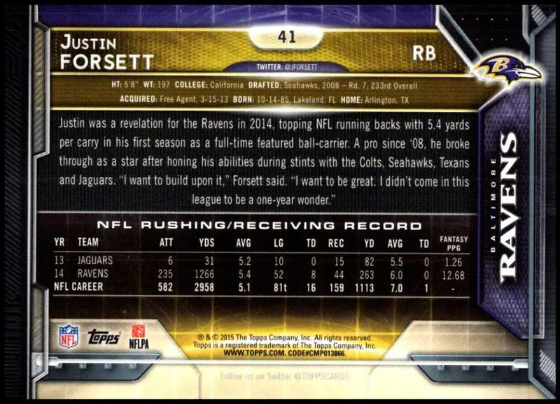 2015 Topps #41 Justin Forsett NM-MT Baltimore Ravens Football Card - Football Card Single