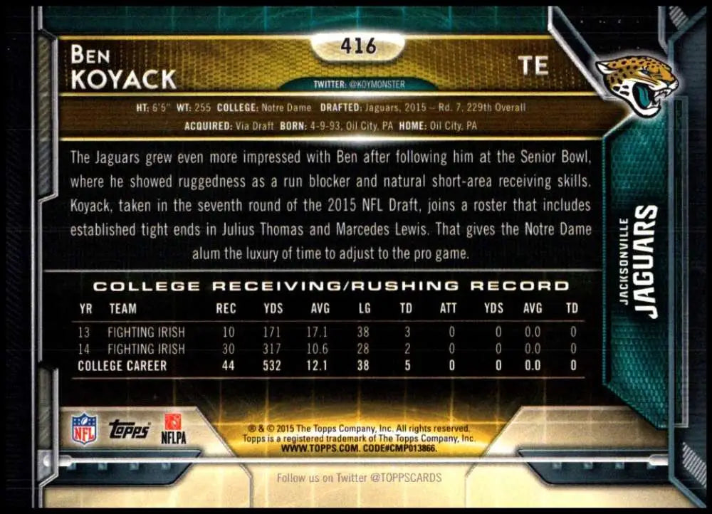 2015 Topps #416 Ben Koyack NM-MT RC Rookie Jacksonville Jaguars Football Card - Football Card Single