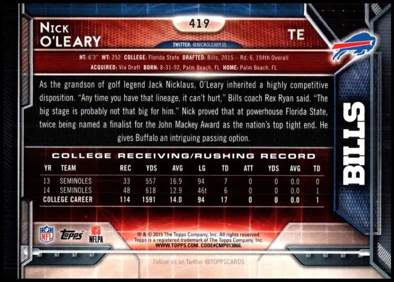 2015 Topps #419 Nick O’Leary NM-MT RC Rookie Buffalo Bills Football Card - Football Card Single