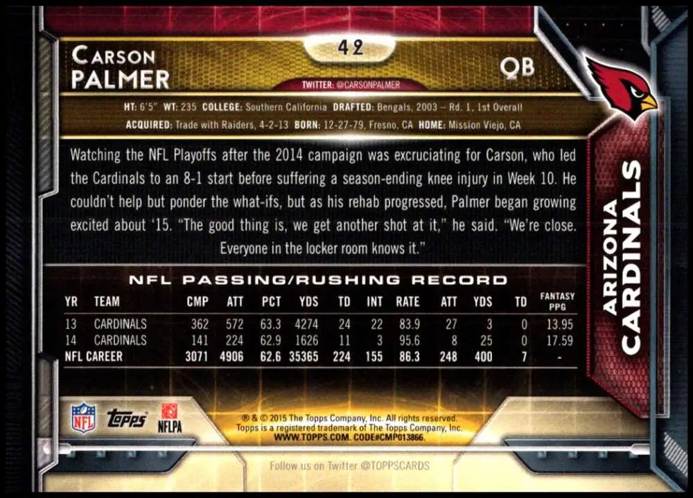 2015 Topps #42 Carson Palmer NM-MT Arizona Cardinals Football Card - Football Card Single