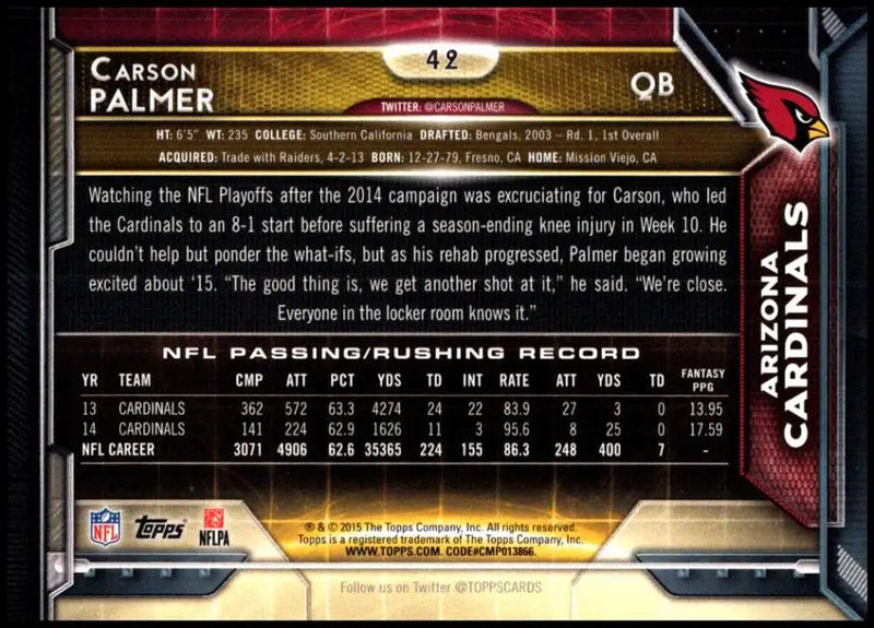2015 Topps #42 Carson Palmer NM-MT Arizona Cardinals Football Card - Football Card Single