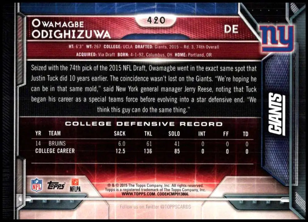 2015 Topps #420 Owamagbe Odighizuwa NM-MT RC Rookie New York Giants Football Card - Football Card Single