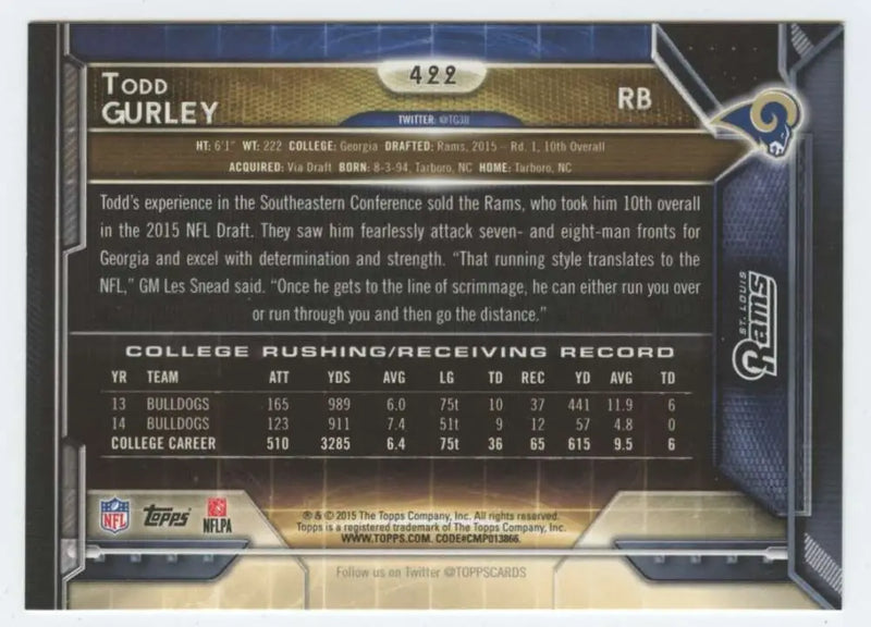2015 Topps #422 Todd Gurley NM-MT RC Rookie St. Louis Rams Football Card - Football Card Single