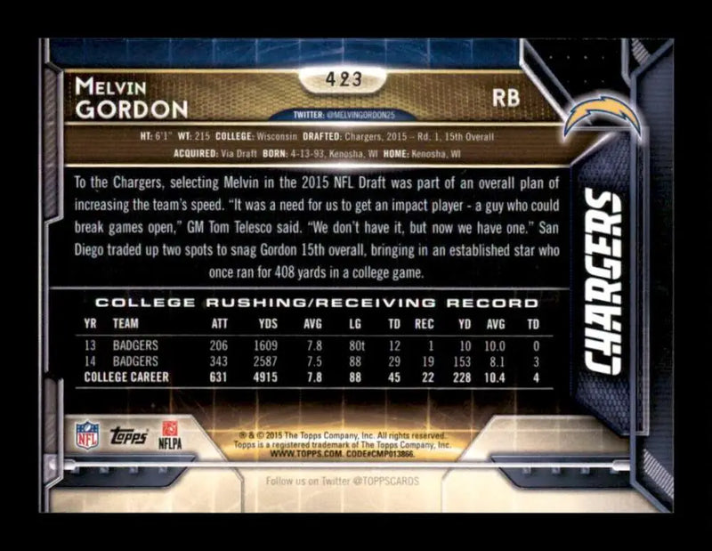 2015 Topps #423 Melvin Gordon NM-MT RC Rookie San Diego Chargers Football Card - Football Card Single