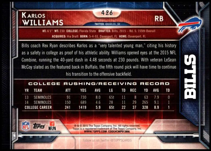 2015 Topps #426 Karlos Williams NM-MT RC Rookie Buffalo Bills Football Card - Football Card Single