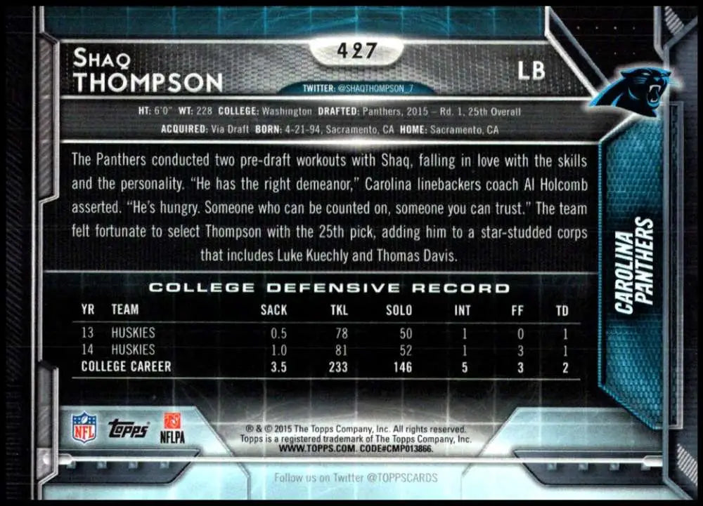 2015 Topps #427 Shaq Thompson NM-MT RC Rookie Carolina Panthers Football Card - Football Card Single