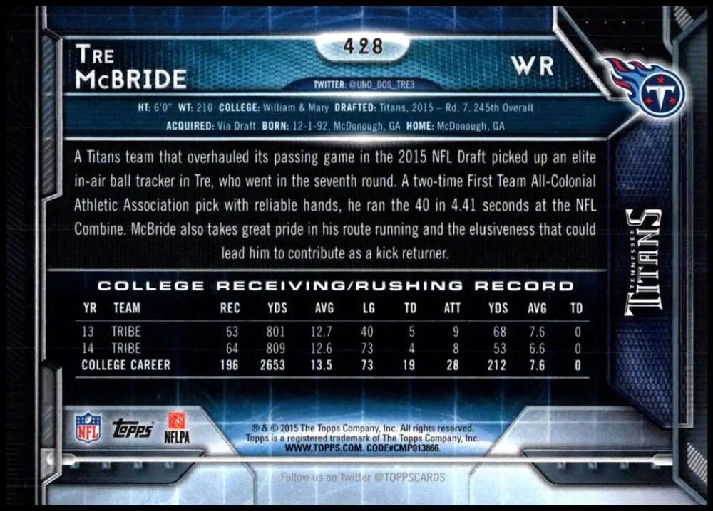 2015 Topps #428 Tre McBride NM-MT RC Rookie Tennessee Titans Football Card - Football Card Single