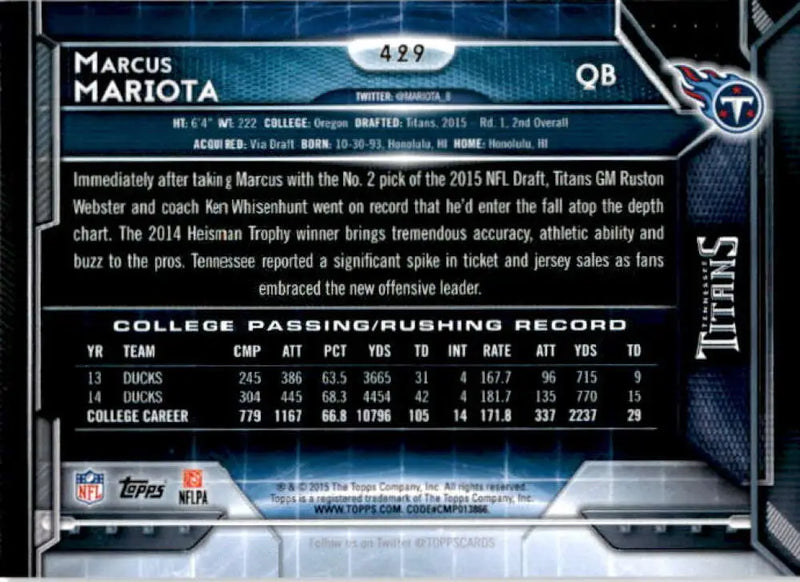 2015 Topps #429 Marcus Mariota NM-MT RC Rookie Tennessee Titans Football Card - Football Card Single