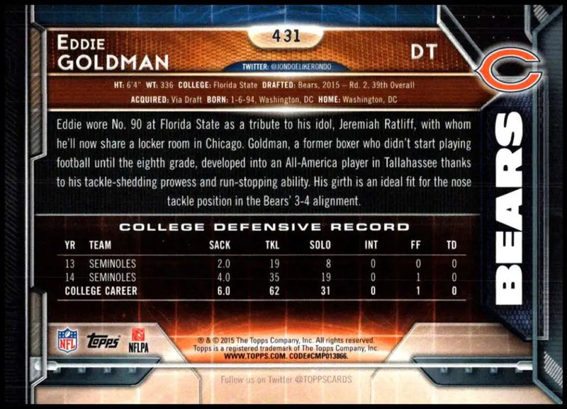2015 Topps #431 Eddie Goldman NM-MT RC Rookie Chicago Bears Football Card - Football Card Single