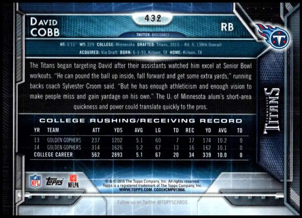 2015 Topps #432 David Cobb NM-MT RC Rookie Tennessee Titans Football Card - Football Card Single