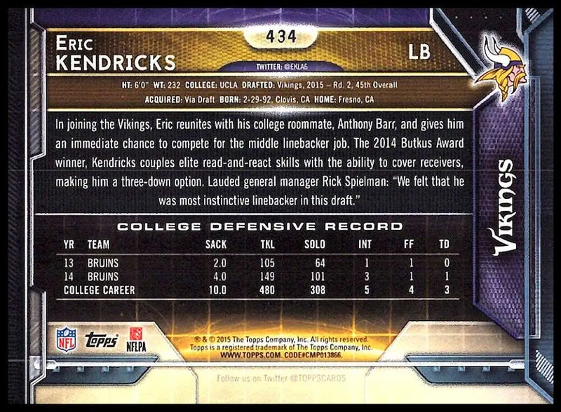 2015 Topps #434 Eric Kendricks NM-MT RC Rookie Minnesota Vikings Football Card - Football Card Single