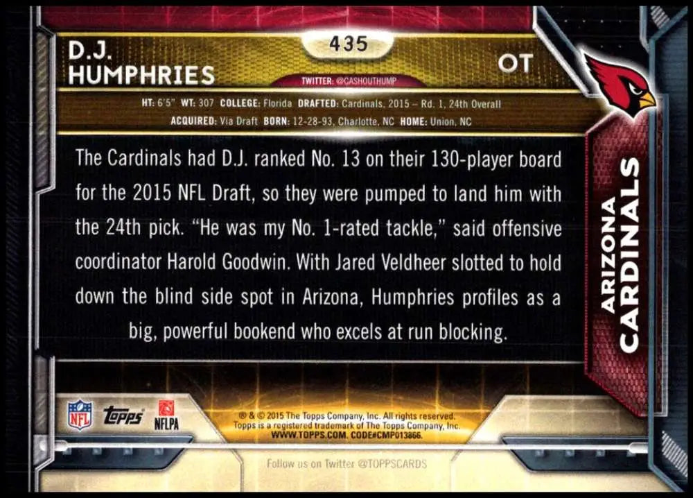 2015 Topps #435 D.J. Humphries NM-MT RC Rookie Arizona Cardinals Football Card - Football Card Single