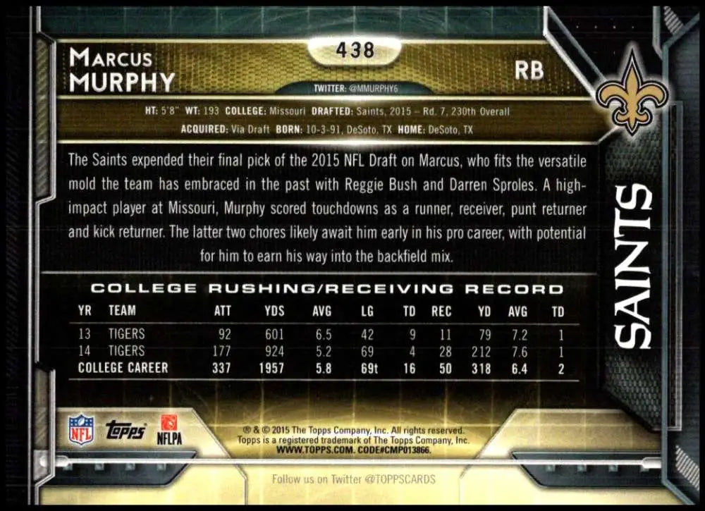 2015 Topps #438 Marcus Murphy NM-MT RC Rookie New Orleans Saints Football Card - Football Card Single