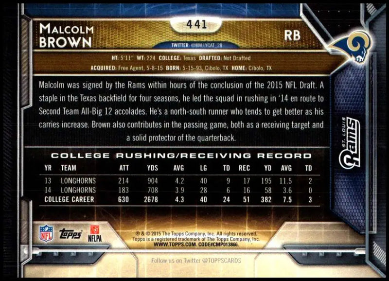 2015 Topps #441 Malcolm Brown NM-MT RC Rookie St. Louis Rams Football Card - Football Card Single