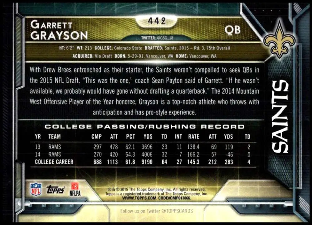 2015 Topps #442 Garrett Grayson NM-MT RC Rookie New Orleans Saints Football Card - Football Card Single