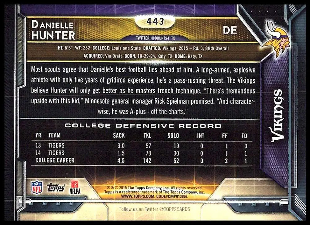 2015 Topps #443 Danielle Hunter NM-MT RC Rookie Minnesota Vikings Football Card - Football Card Single