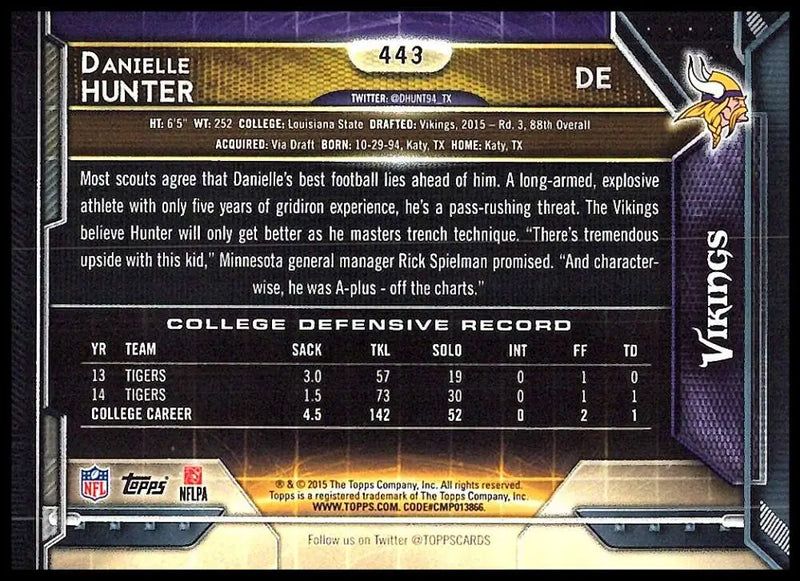2015 Topps #443 Danielle Hunter NM-MT RC Rookie Minnesota Vikings Football Card - Football Card Single