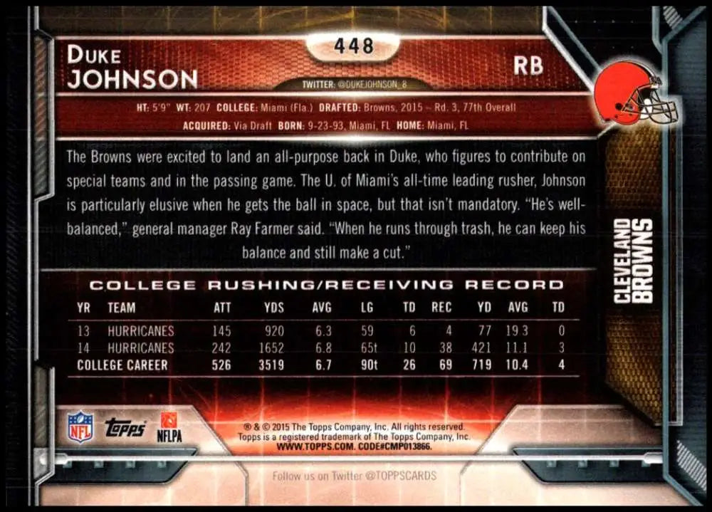 2015 Topps #448 Duke Johnson NM-MT RC Rookie Cleveland Browns Football Card - Football Card Single