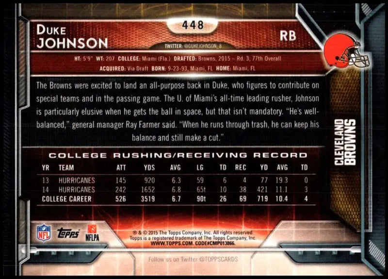 2015 Topps #448 Duke Johnson NM-MT RC Rookie Cleveland Browns Football Card - Football Card Single