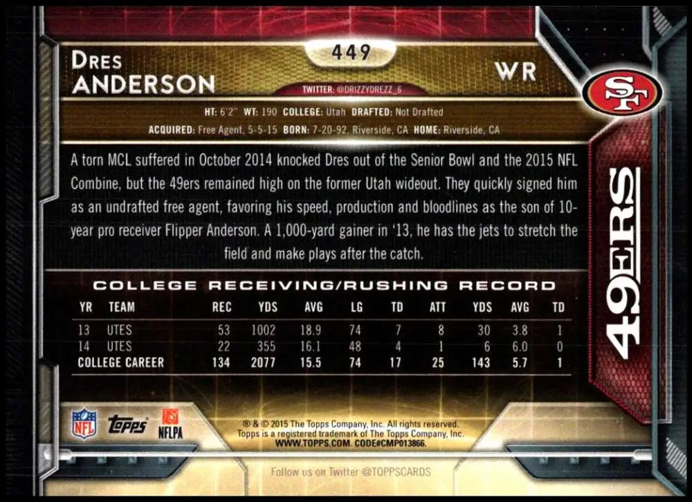 2015 Topps #449 Dres Anderson NM-MT RC Rookie San Francisco 49ers Football Card - Football Card Single