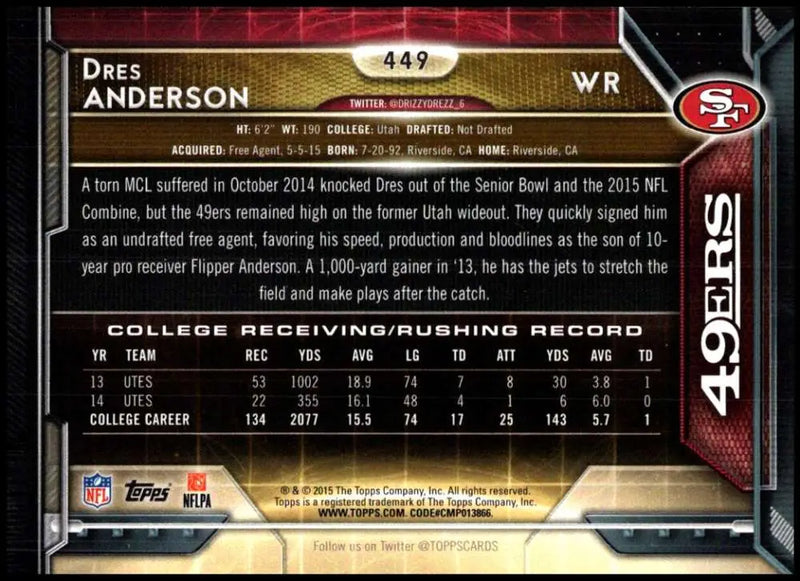 2015 Topps #449 Dres Anderson NM-MT RC Rookie San Francisco 49ers Football Card - Football Card Single