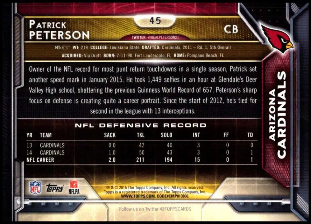 2015 Topps #45 Patrick Peterson NM-MT Arizona Cardinals Football Card - Football Card Single
