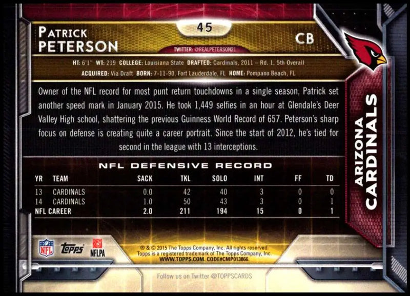 2015 Topps #45 Patrick Peterson NM-MT Arizona Cardinals Football Card - Football Card Single