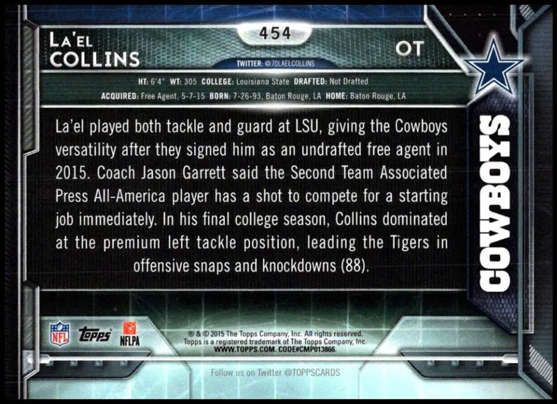2015 Topps #454 La’el Collins NM-MT RC Rookie Dallas Cowboys Football Card - Football Card Single