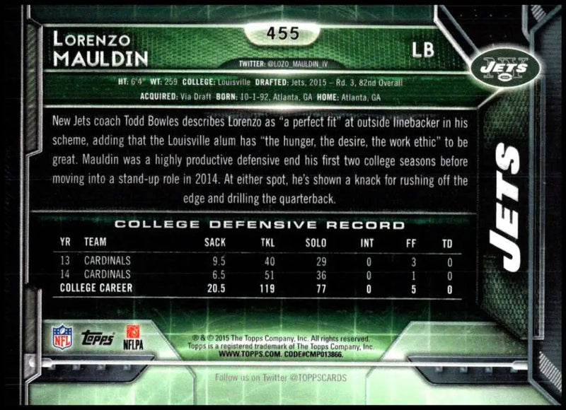 2015 Topps #455 Lorenzo Mauldin NM-MT RC Rookie New York Jets Football Card - Football Card Single