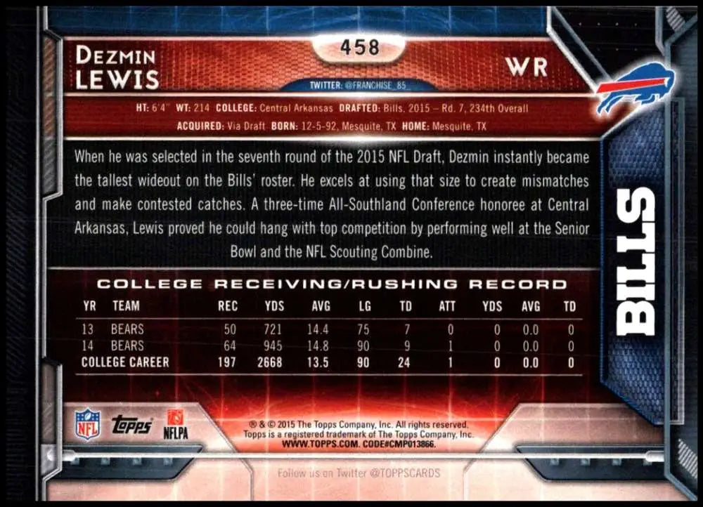 2015 Topps #458 Dezmin Lewis NM-MT RC Rookie Buffalo Bills Football Card - Football Card Single