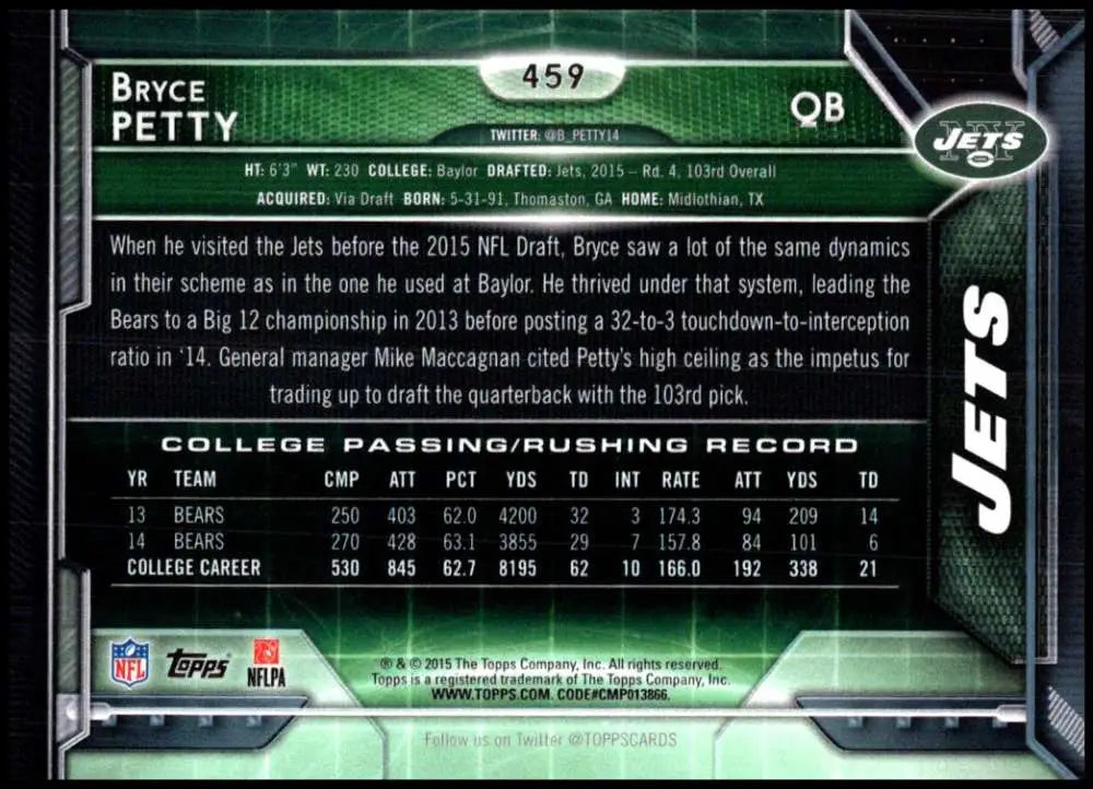 2015 Topps #459 Bryce Petty NM-MT RC Rookie New York Jets Football Card - Football Card Single