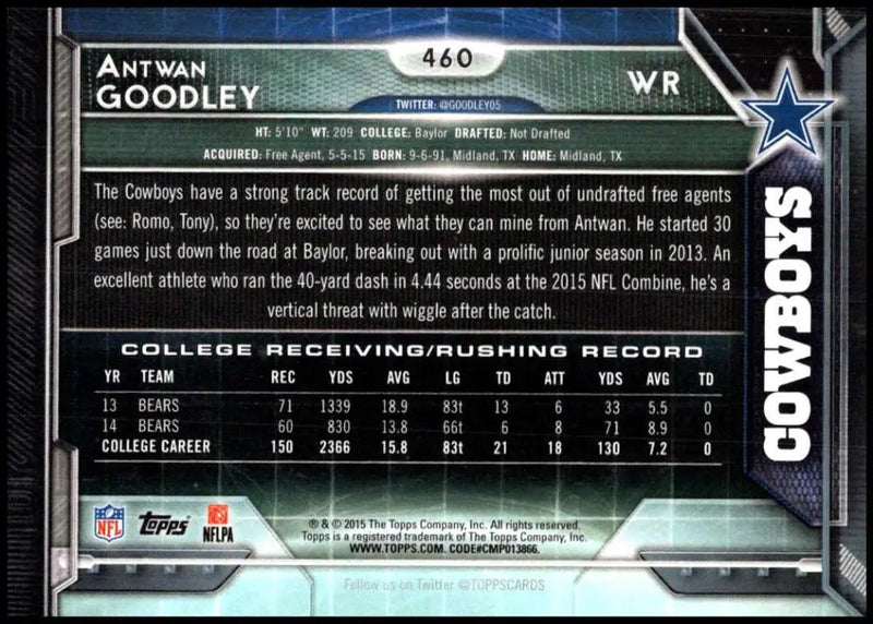 2015 Topps #460 Antwan Goodley NM-MT RC Rookie Dallas Cowboys Football Card - Football Card Single