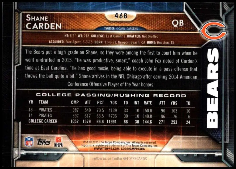 2015 Topps #468 Shane Carden NM-MT RC Rookie Chicago Bears Football Card - Football Card Single