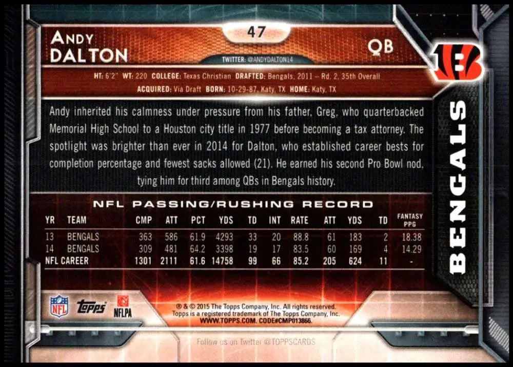 2015 Topps #47 Andy Dalton NM-MT Cincinnati Bengals Football Card - Football Card Single