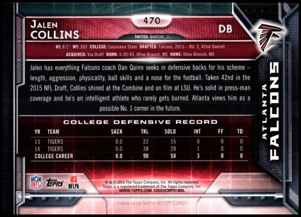 2015 Topps #470 Jalen Collins NM-MT RC Rookie Atlanta Falcons Football Card - Football Card Single