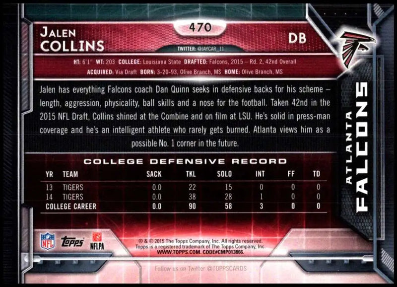 2015 Topps #470 Jalen Collins NM-MT RC Rookie Atlanta Falcons Football Card - Football Card Single