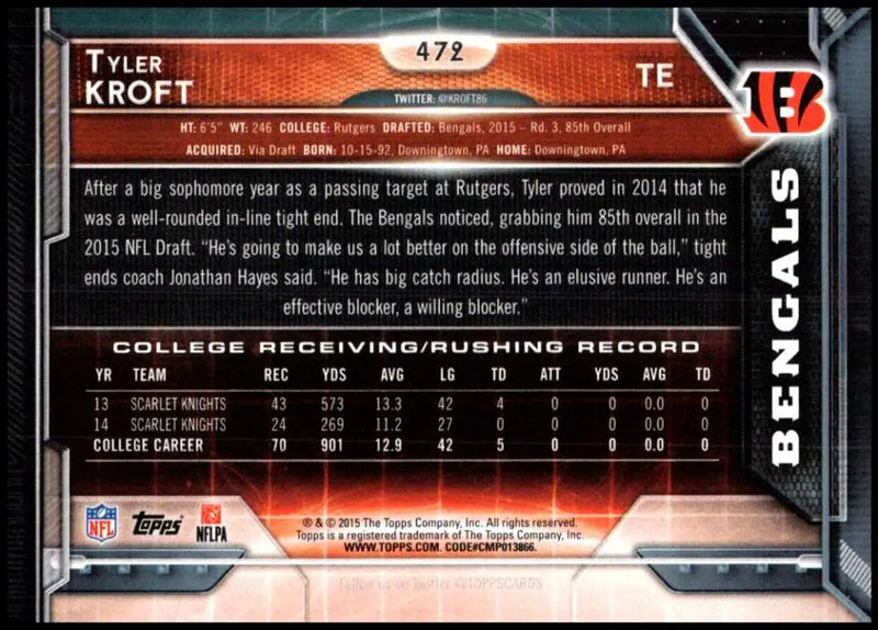 2015 Topps #472 Tyler Kroft NM-MT RC Rookie Cincinnati Bengals Football Card - Football Card Single